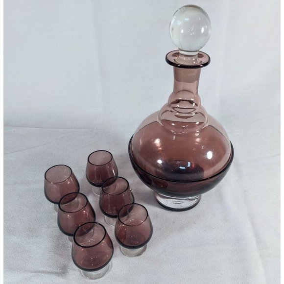Amethyst Purple Glass Decanter Set of 9 6 Glasses Cups Bowl Rest Stop Topper VTG - Picture 2 of 16